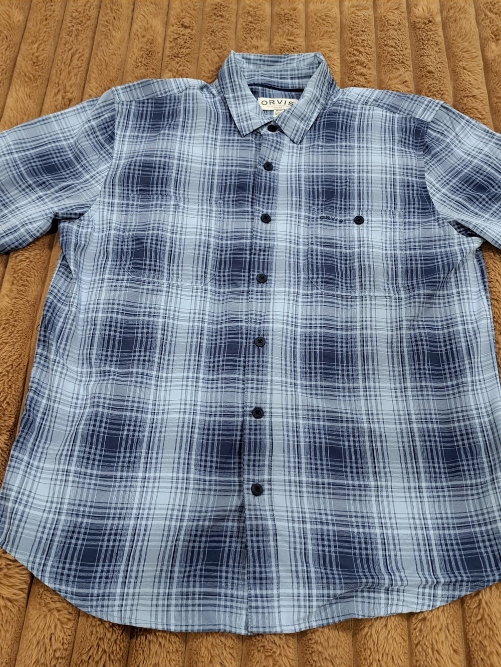 Orvis Men's Size Medium Plaid Short Sleeve Button Up Shirt Blue Outdoor